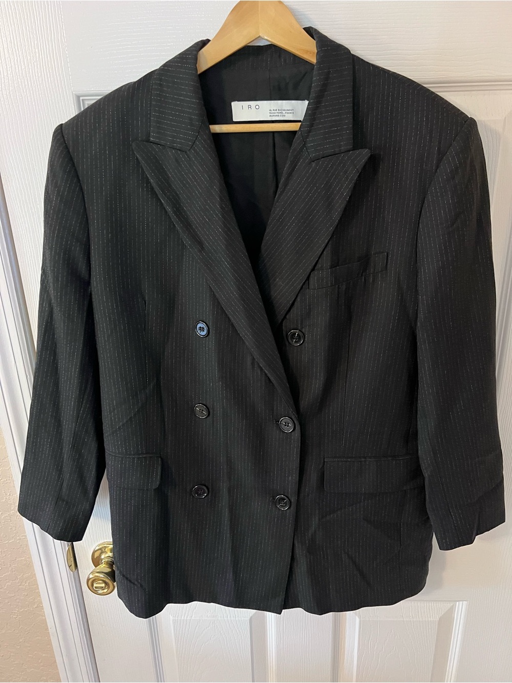 IRO Paris Nelisa Black Pinstripe Double-Breasted Blazer Jacket Wool Blend S-36